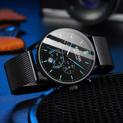 Men's Watch - Belushi Ultra Thin Black Milan Belt Stainless Steel Quartz Watch - GiddyGoatStore