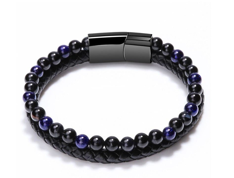 Bracelet - Men's Genuine Braided Leather Natural Stone Black Stainless Steel Tiger Eye Bracelet