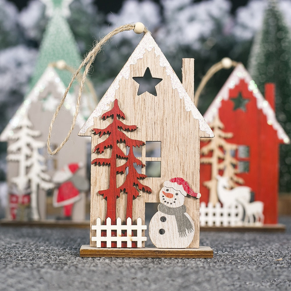 Christmas Colorful Wooden House Xmas Tree Ornament