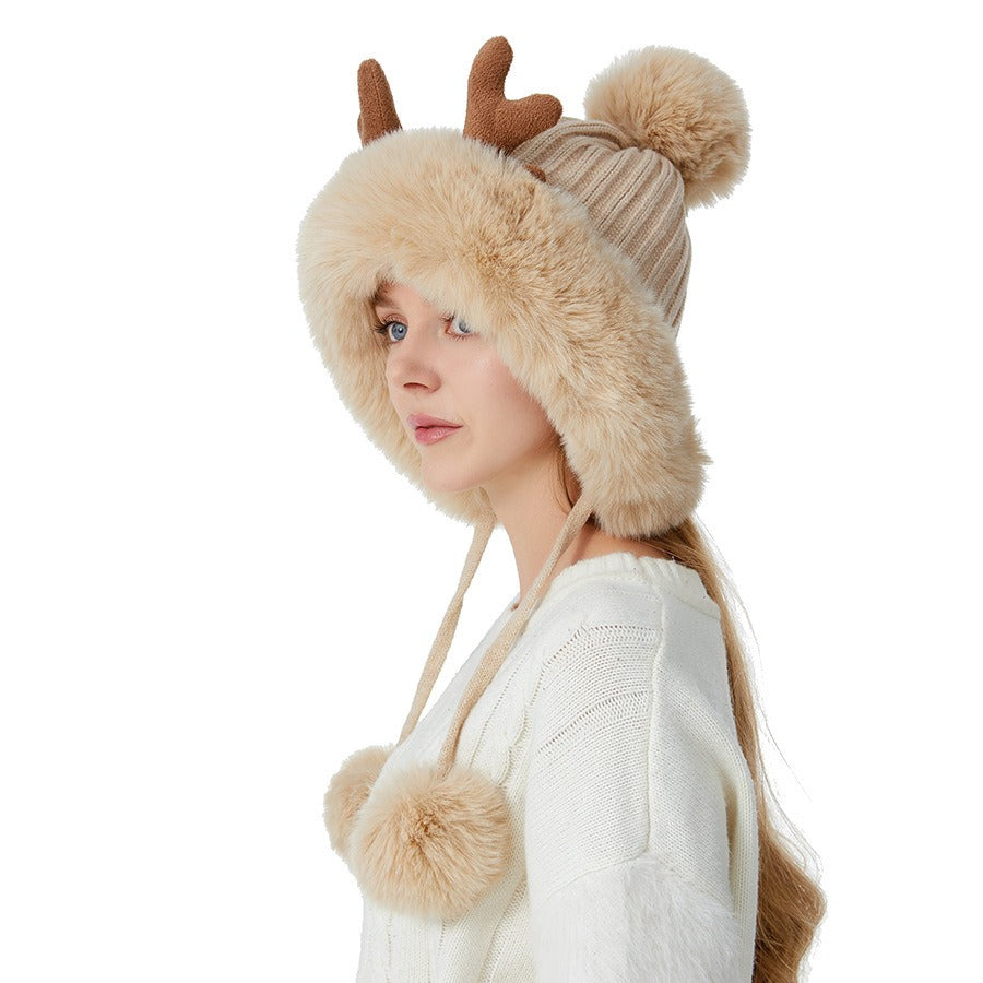 Woman's Cute Deer Horn Wool Knitted Hat