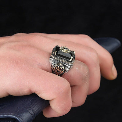 Ring - Men's Vintage Tribal Texture Aquamarine Zircon Ring