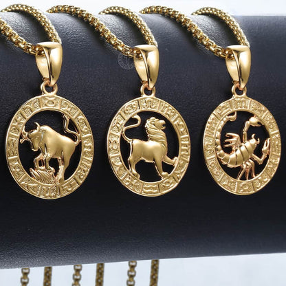 12 Horoscope Zodiac Sign Gold Color Pendant Necklace Unisex