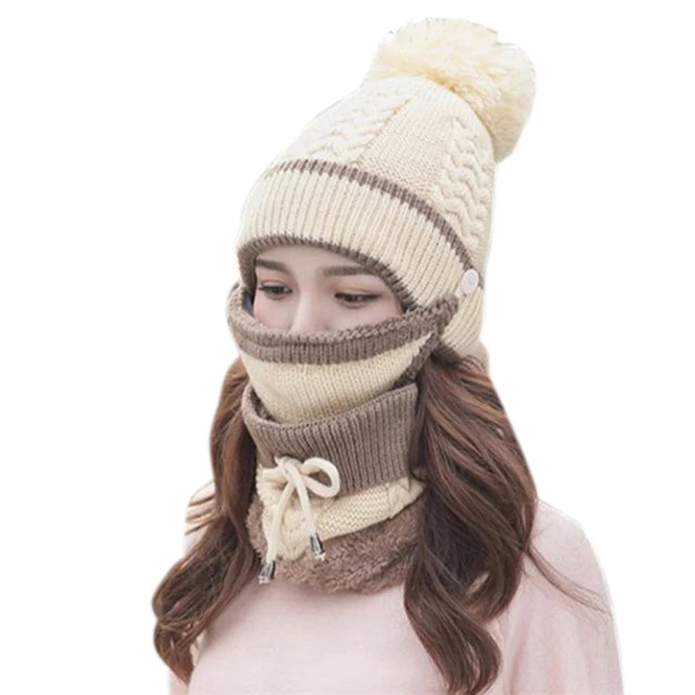 3 in 1 Women's Thick Knitted Hat Scarf Cover Winter Set