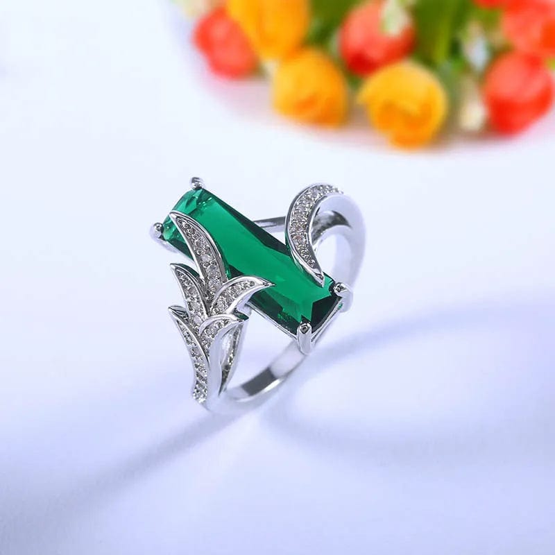 Ring - Women's 925 Sterling Silver Green Rectangle Topaz Gemstone Wedding Ring