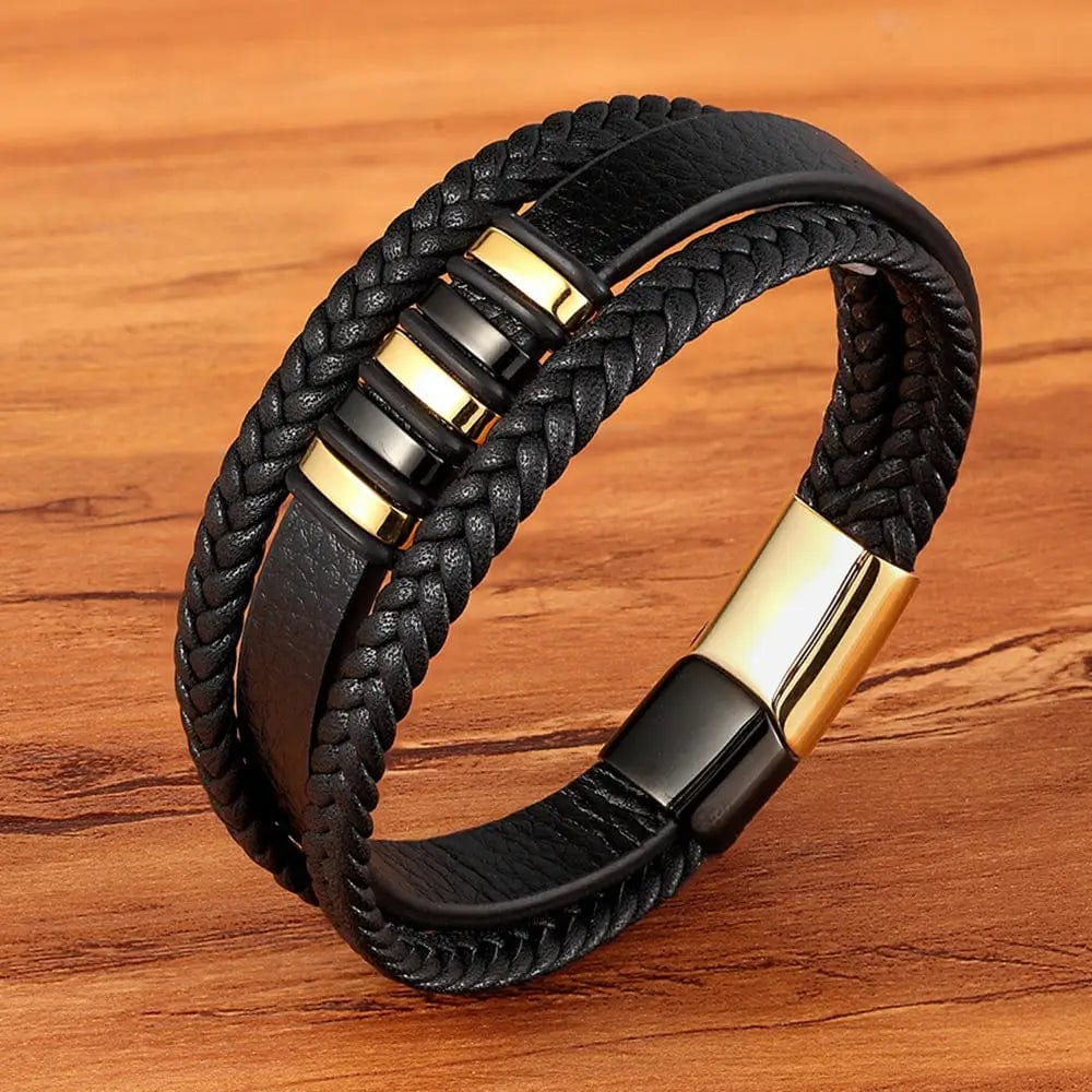 Bracelet -  3 Layers Black Gold Punk Style Design Genuine Leather Bracelet