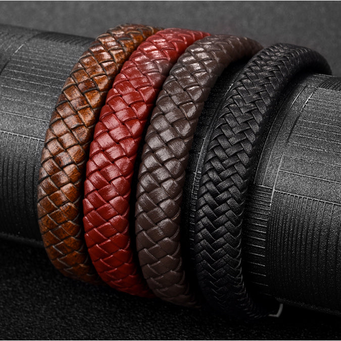 Bracelet -  Braided Leather Bracelet with Stainless Steel Magnetic Clasp