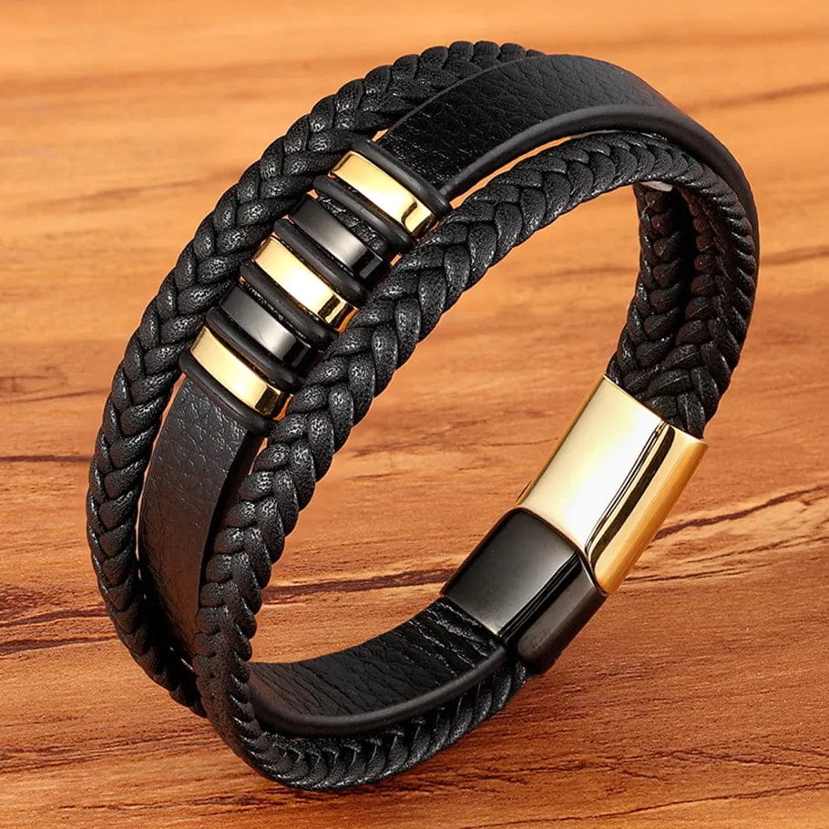 Bracelet -  3 Layers Black Gold Punk Style Design Genuine Leather Bracelet