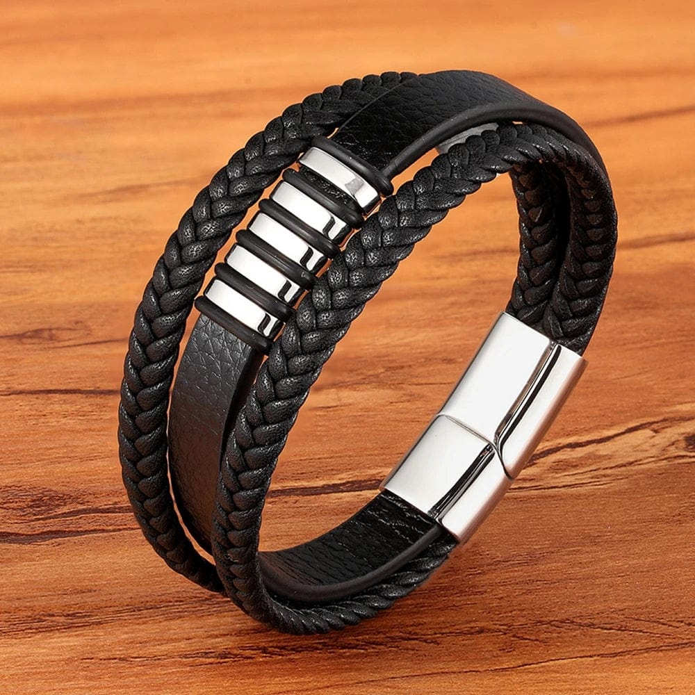 Bracelet -  3 Layers Black Gold Punk Style Design Genuine Leather Bracelet