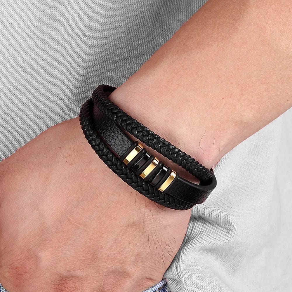 Bracelet -  3 Layers Black Gold Punk Style Design Genuine Leather Bracelet