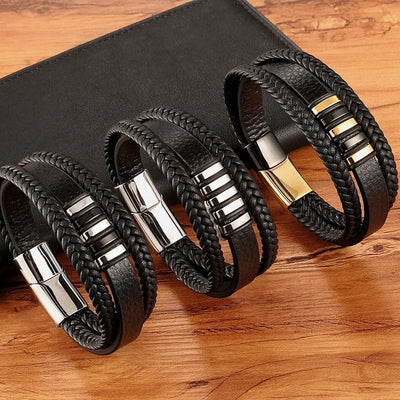 Bracelet -  3 Layers Black Gold Punk Style Design Genuine Leather Bracelet