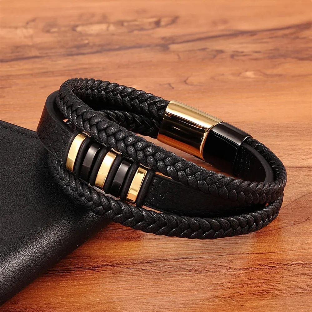 Bracelet -  3 Layers Black Gold Punk Style Design Genuine Leather Bracelet