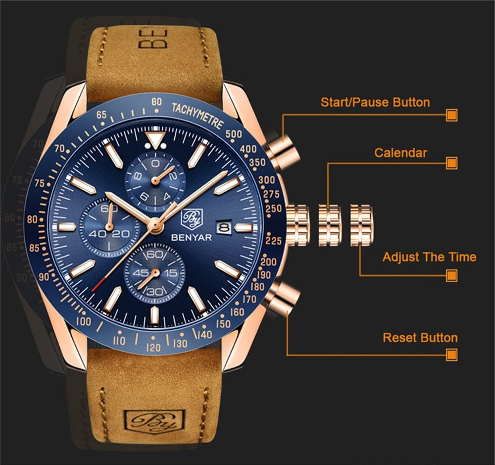BENYAR Men's Full Steel Quartz Luxury Waterproof Watch