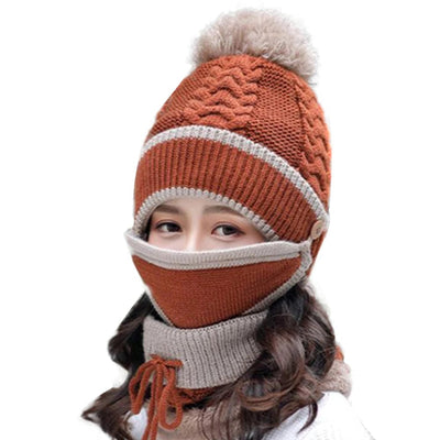 3 in 1 Women's Thick Knitted Hat Scarf Cover Winter Set