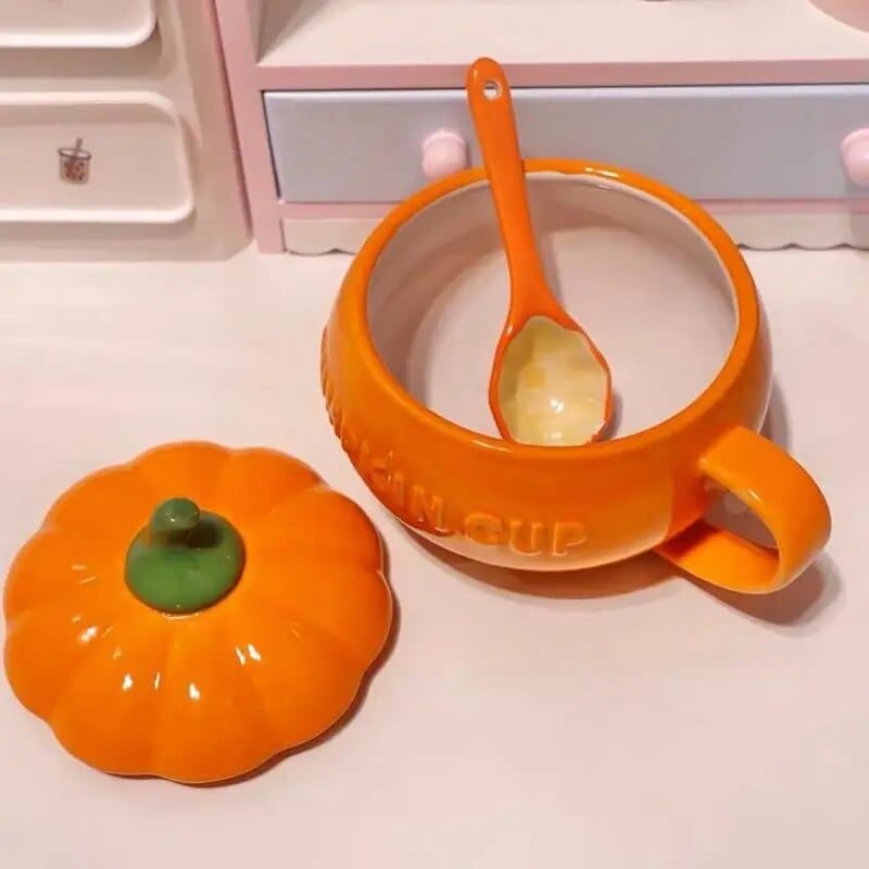 Ceramic Pumpkin Mug With Optional Lid Spoon - GiddyGoatStore