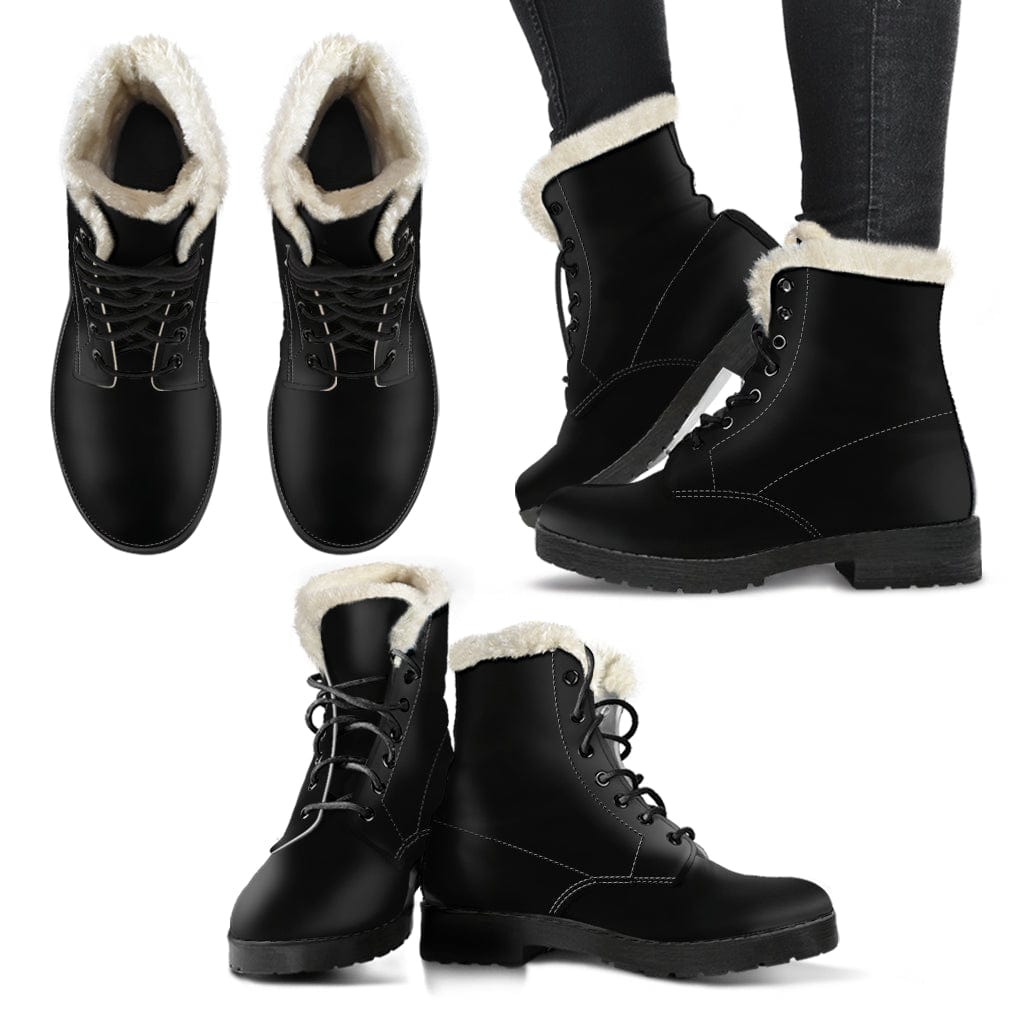 Faux Fur Leather Boots - Black - GiddyGoatStore