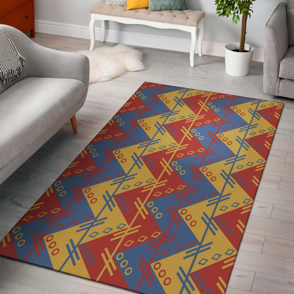 Rug - Zigzag Design in Muted Red Blue Yellow - GiddyGoatStore