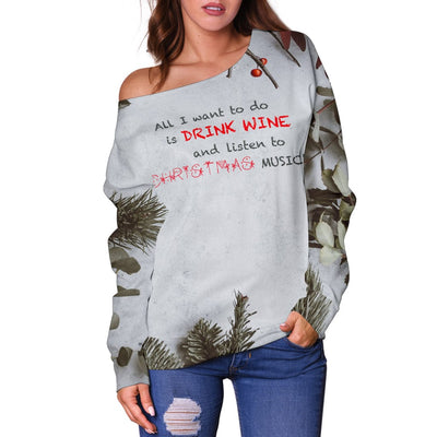 Off Shoulder Sweaters - Women's Music and Wine Christmas - GiddyGoatStore