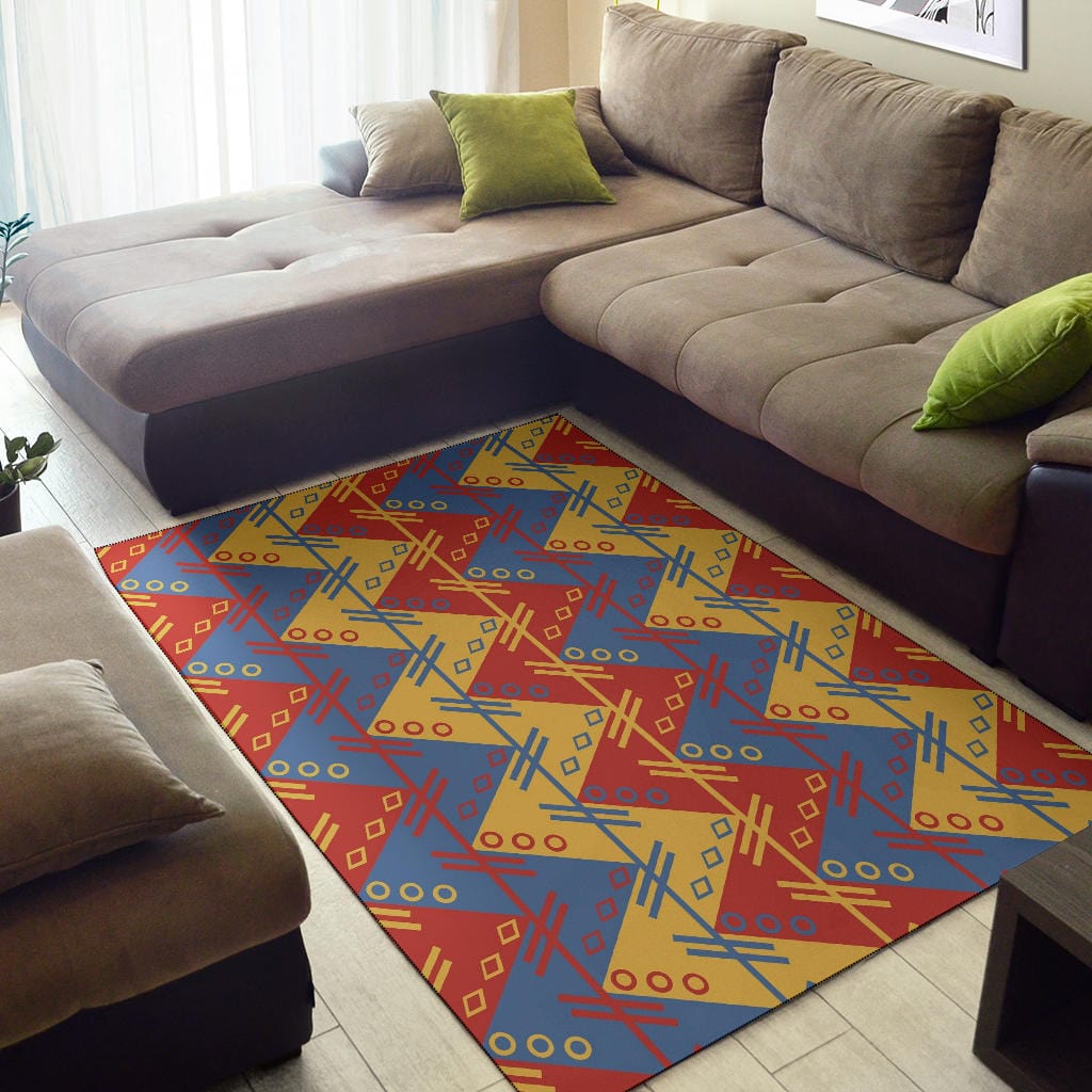 Rug - Zigzag Design in Muted Red Blue Yellow - GiddyGoatStore