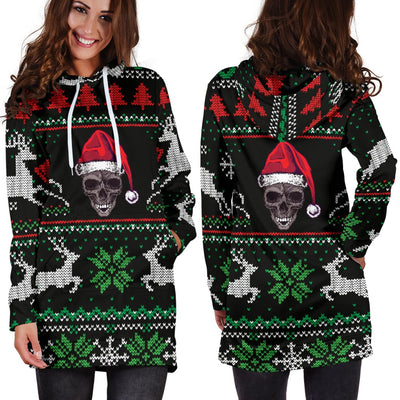 Hoodie Dress - Ugly Christmas Santa Skull Black - GiddyGoatStore