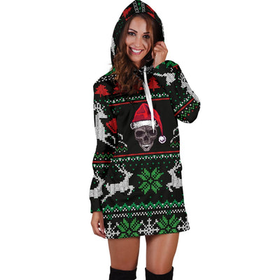 Hoodie Dress - Ugly Christmas Santa Skull Black - GiddyGoatStore