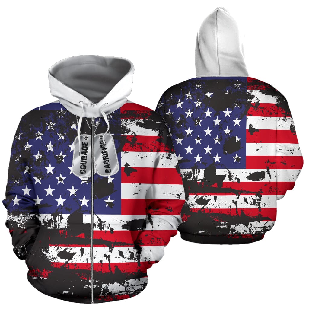 Zip-Up Hoodie - American Flag and Tags - GiddyGoatStore