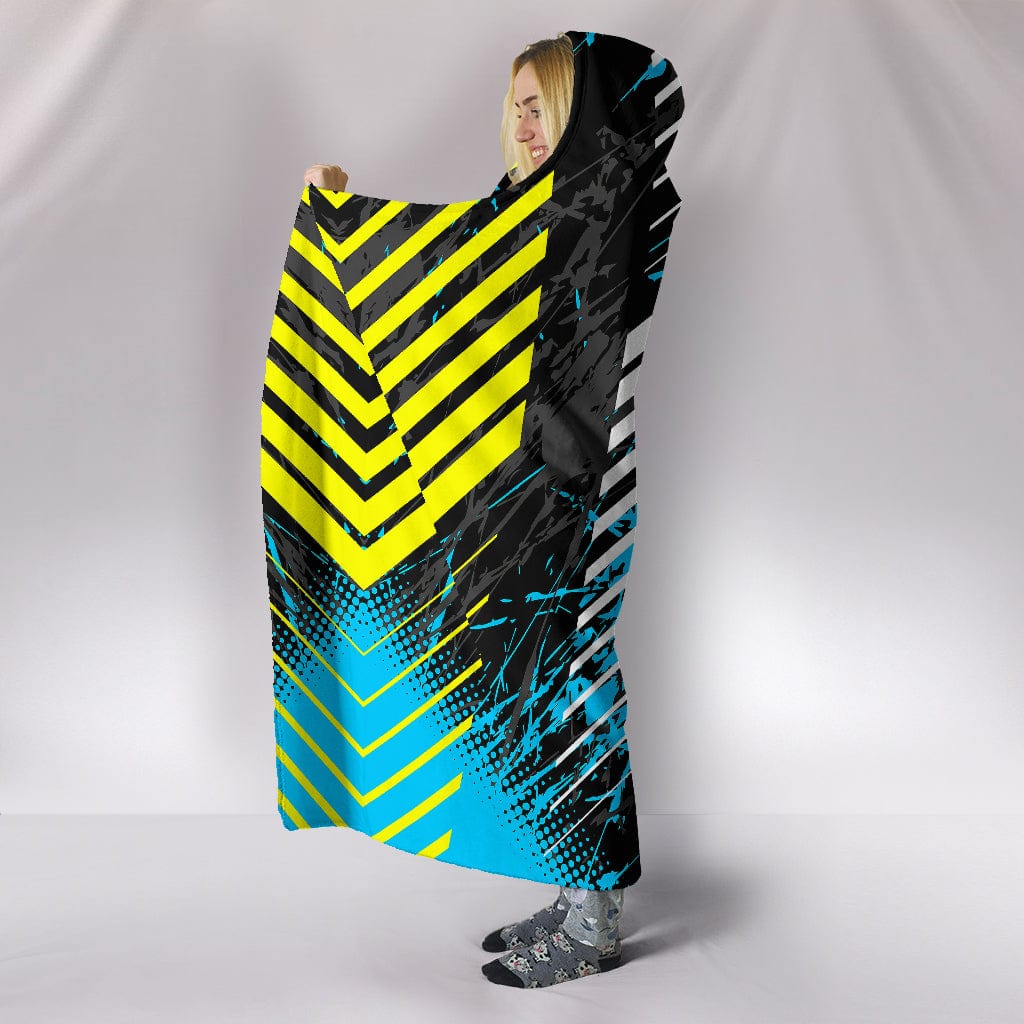 Hooded Blanket - Racing Style Ocean Blue & Yellow Stripes Vibes - GiddyGoatStore