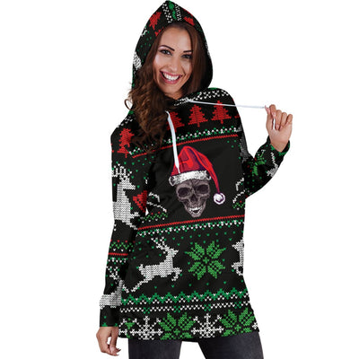 Hoodie Dress - Ugly Christmas Santa Skull Black - GiddyGoatStore