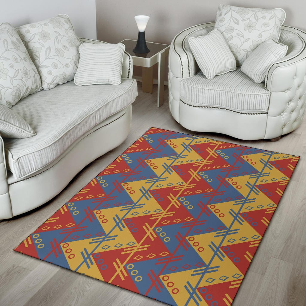 Rug - Zigzag Design in Muted Red Blue Yellow - GiddyGoatStore