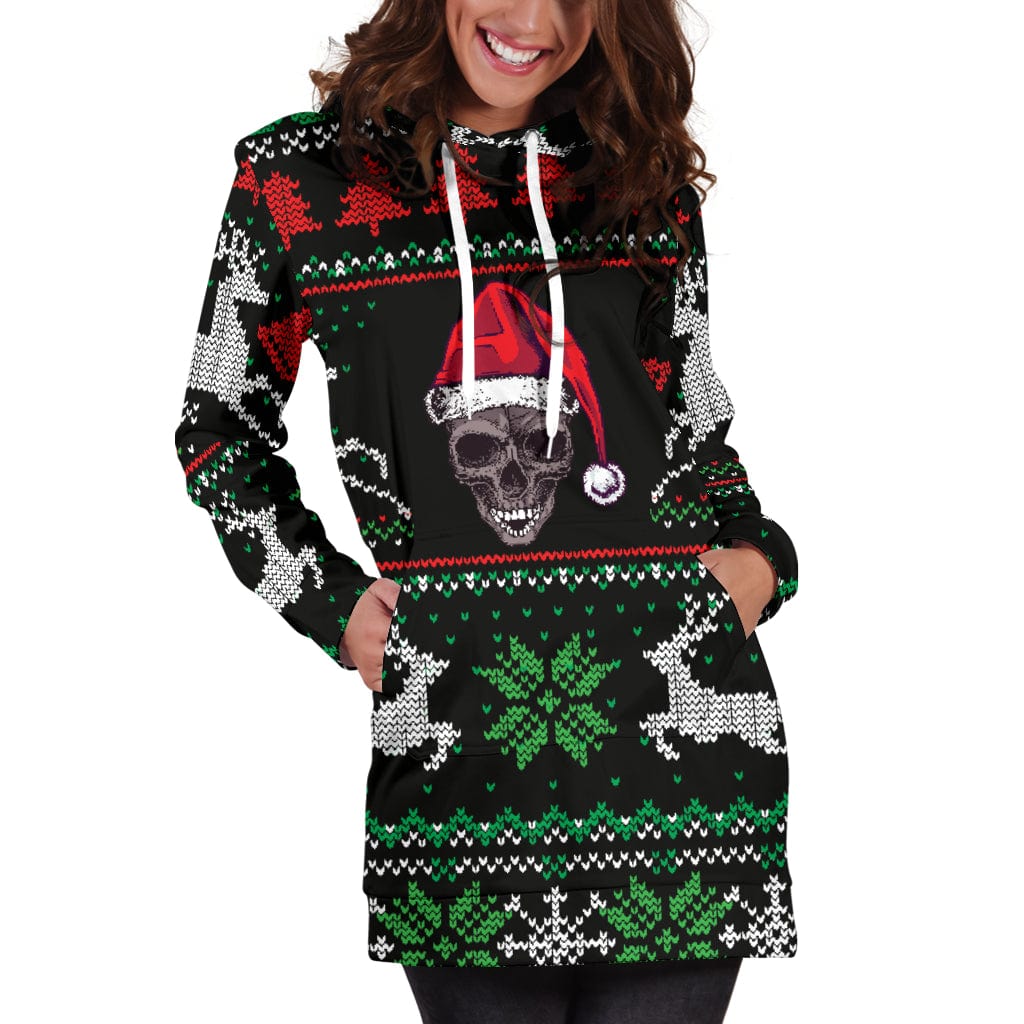 Hoodie Dress - Ugly Christmas Santa Skull Black - GiddyGoatStore