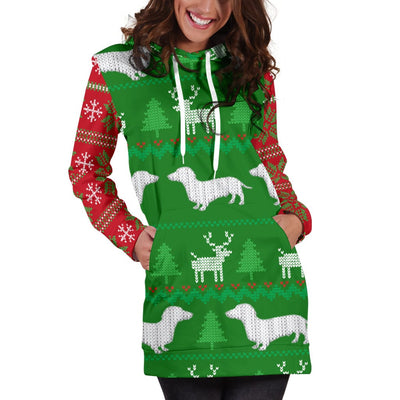 Hoodie Dress - Ugly Christmas Sweater Hoodie Dress With Dachshunds - GiddyGoatStore