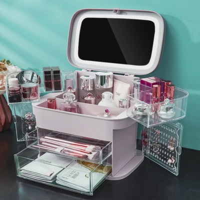 Portable Cosmetic Storage Box With LED Makeup Mirror And Light Storage Box