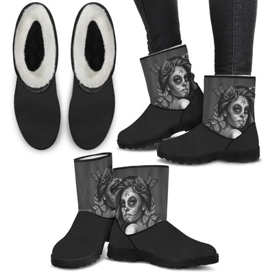 Women's Faux Fur Boots - Black and White Calavera - GiddyGoatStore