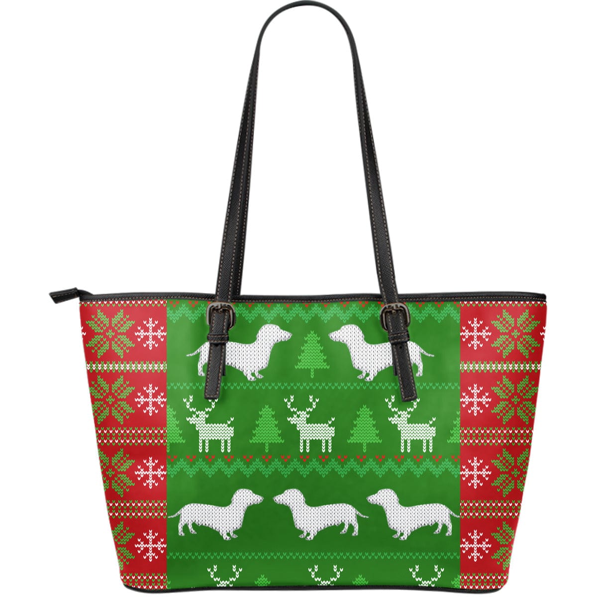 Leather Tote Bag - Ugly Christmas Sweater With Dachshunds - GiddyGoatStore
