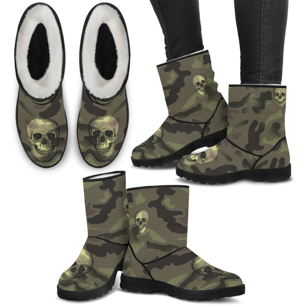 Faux Fur Boots - Green Camouflage with Skulls Woman's - GiddyGoatStore