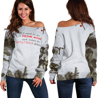 Off Shoulder Sweaters - Women's Music and Wine Christmas - GiddyGoatStore