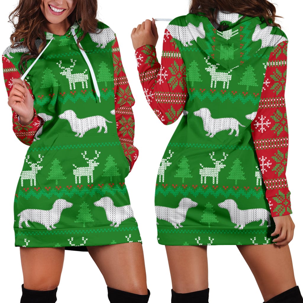 Hoodie Dress - Ugly Christmas Sweater Hoodie Dress With Dachshunds - GiddyGoatStore