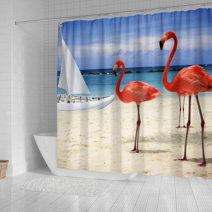 Shower Curtain ~ Beach and Flamingos