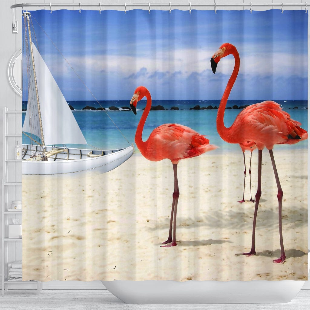 Shower Curtain ~ Beach and Flamingos - GiddyGoatStore