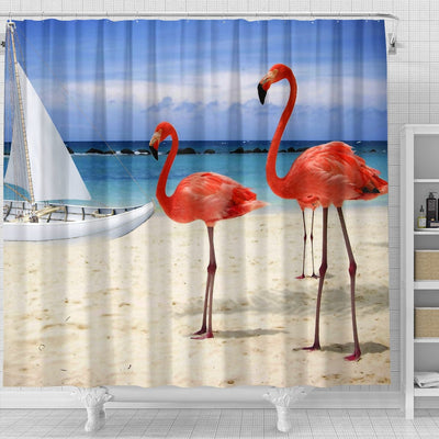 Shower Curtain ~ Beach and Flamingos - GiddyGoatStore
