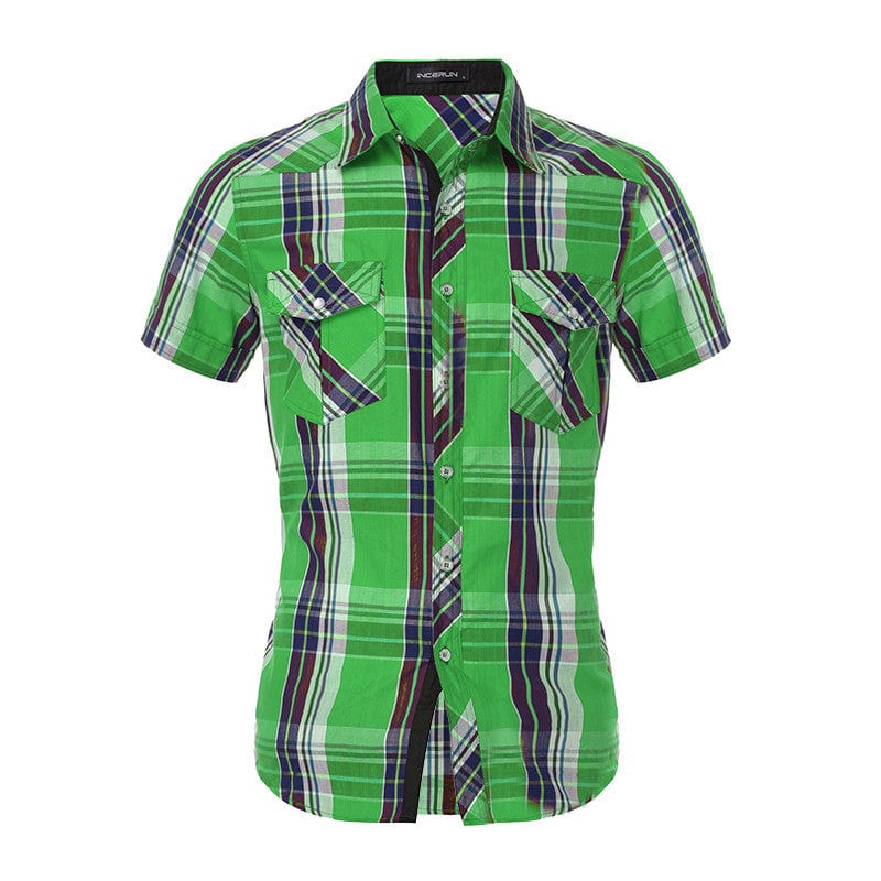 Mens Plaid Casual Shirt  Turn Down Collar Slim Fit - GiddyGoatStore