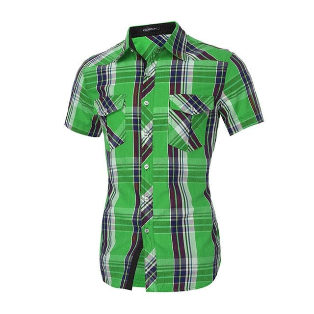 Mens Plaid Casual Shirt  Turn Down Collar Slim Fit - GiddyGoatStore